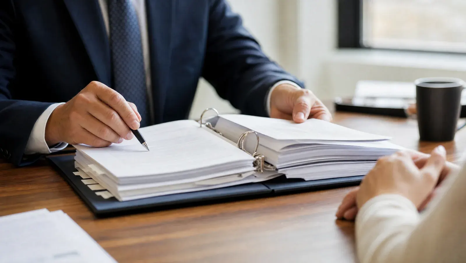 An attorney walking a client through a binder of records across a desk