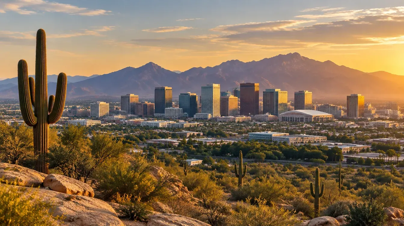 Phoenix skyline with saguaro cactus and desert mountains