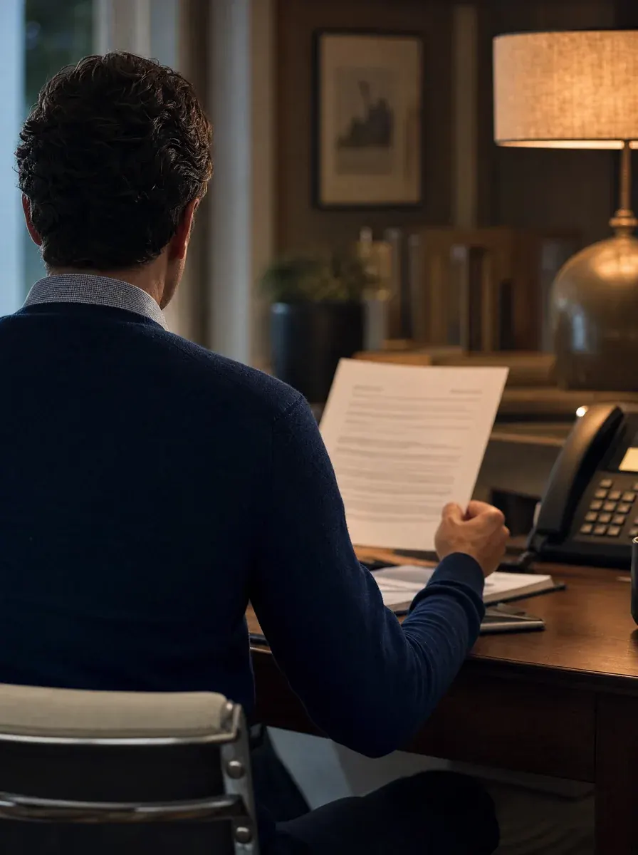 Reading a bank letter at a home desk in warm lamp light — a calm, resolute response to an IRS levy