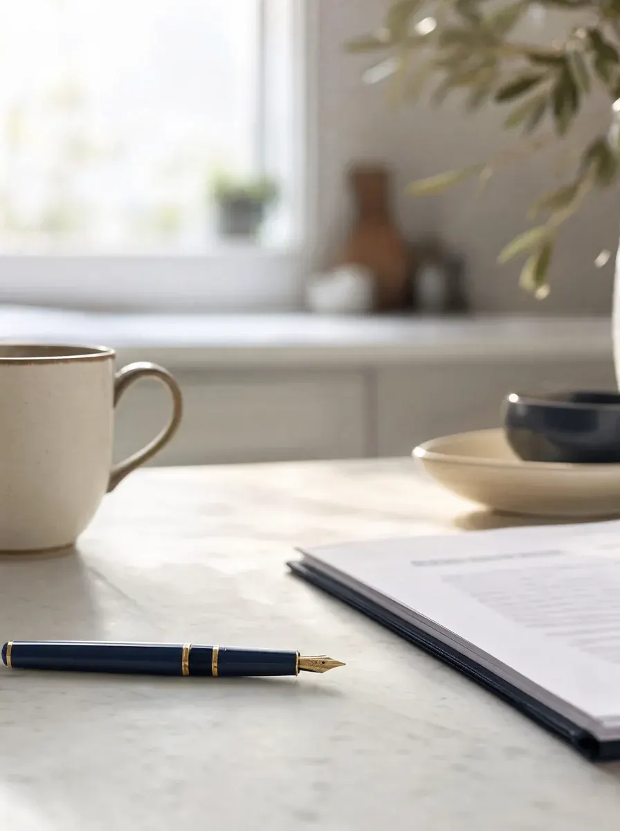 A single fountain pen beside a document on a quiet kitchen table in soft morning light