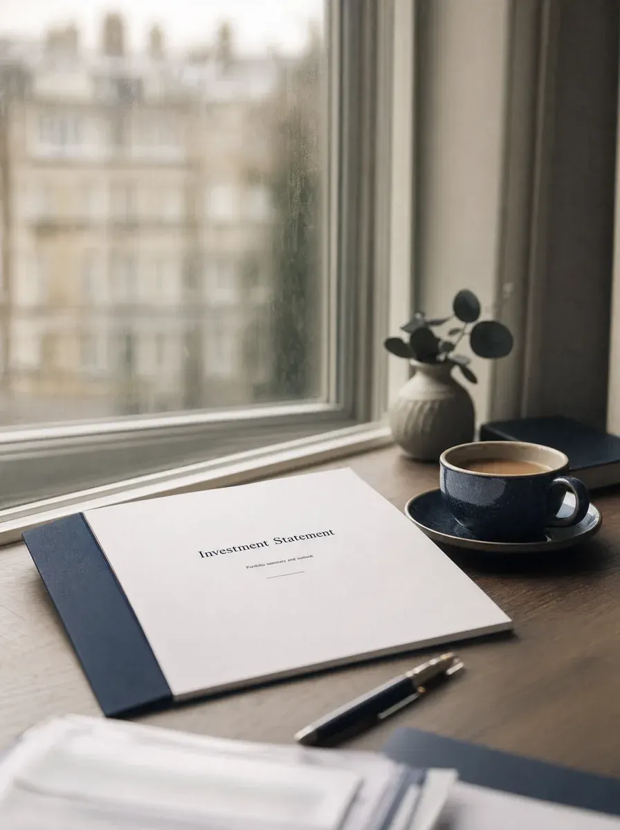 An investment statement beside a cup of tea in soft rainy window light — U.S. tax treatment of UK ISAs