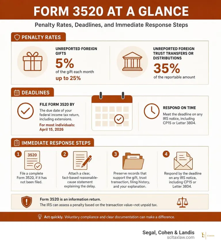 Form 3520 penalty rates, deadlines, and immediate response steps infographic